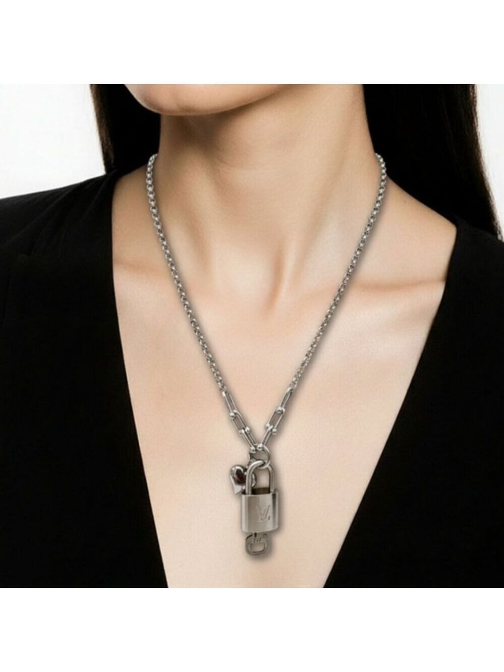 Stainless Steel Silver-Plated Necklace with Authentic Louis Vuitton Padlock